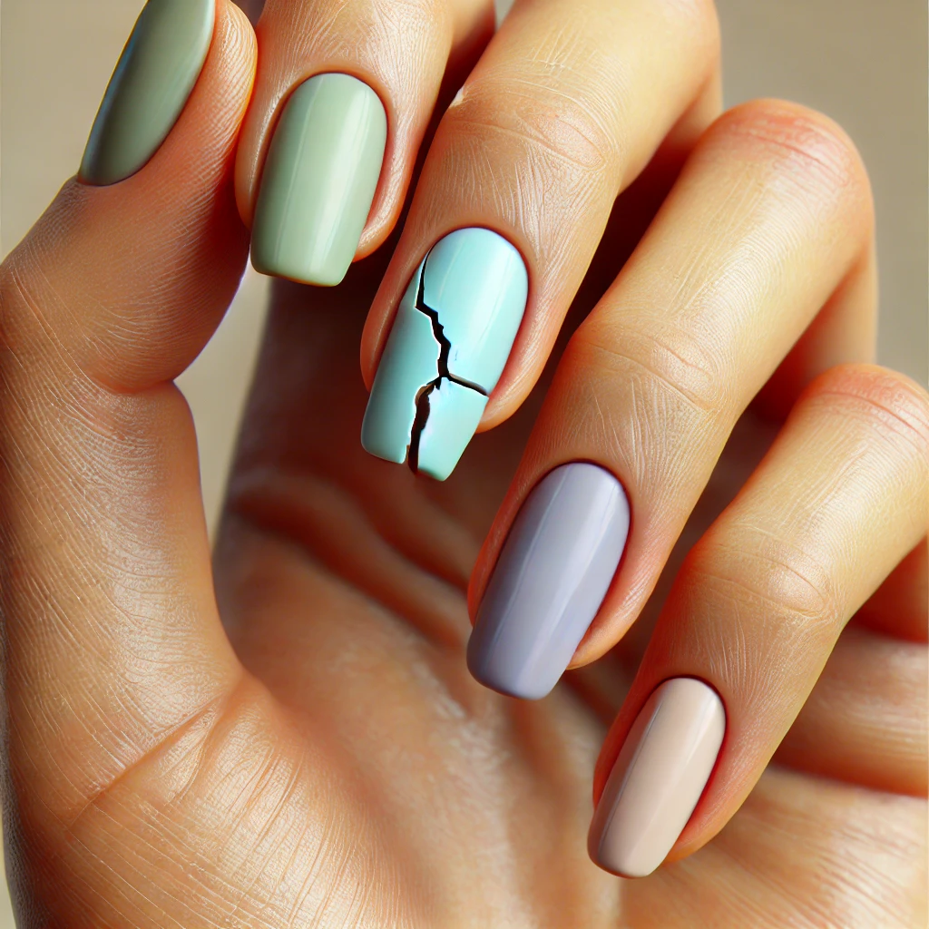 Gros plan sur une main avec un ongle cassé, montrant des couleurs de vernis pastel.