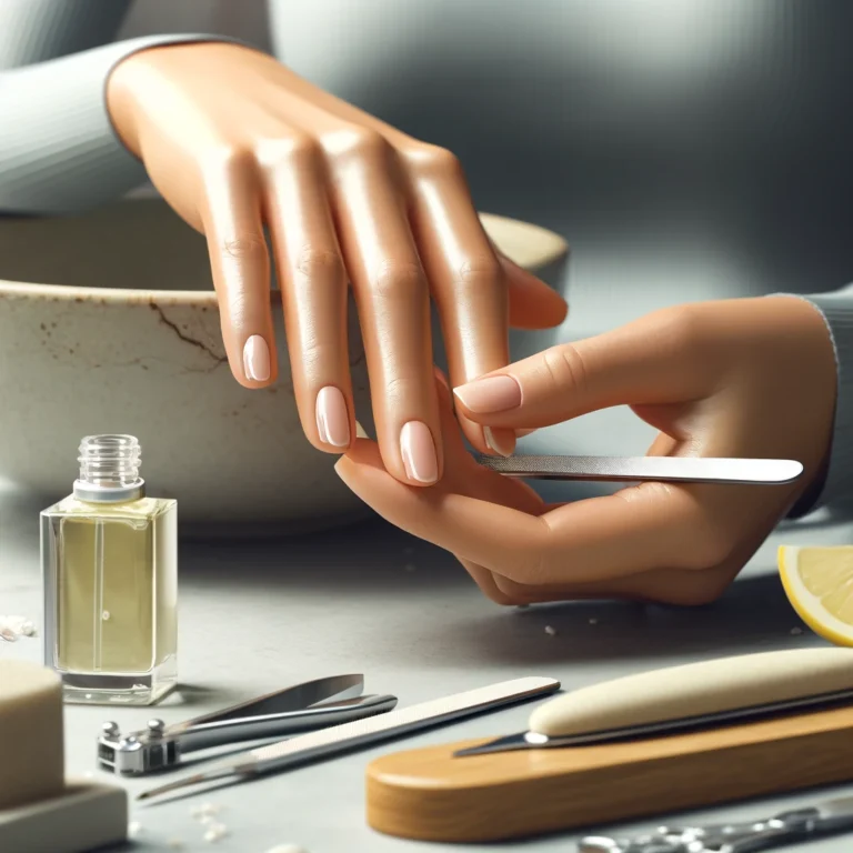 Image représentant un soin des ongles avec des mains recevant une manucure. Un ongle est soigneusement coupé et l'autre est délicatement repoussé avec un bâton de bois. Les outils de manucure, dont une lime en verre, un coupe-ongles et une bouteille d'huile pour cuticules, sont visibles en arrière-plan.