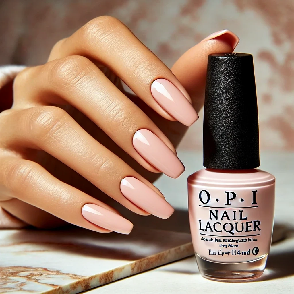 Main avec ongles manucurés portant le vernis à ongles OPI Bubble Bath, flacon de vernis posé sur un fond de marbre beige.