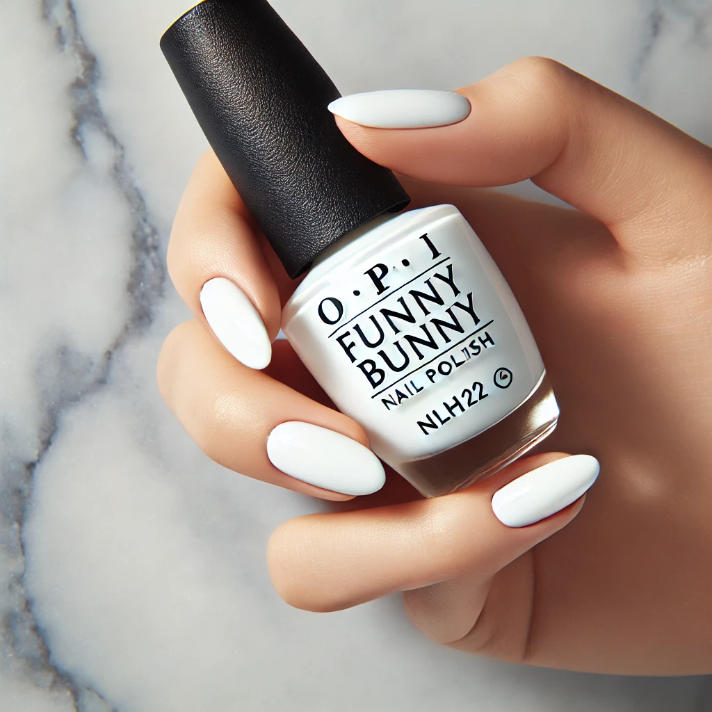 Main avec une manucure blanche laiteuse OPI Funny Bunny tenant un flacon de vernis, sur un fond de marbre élégant blanc et gris.