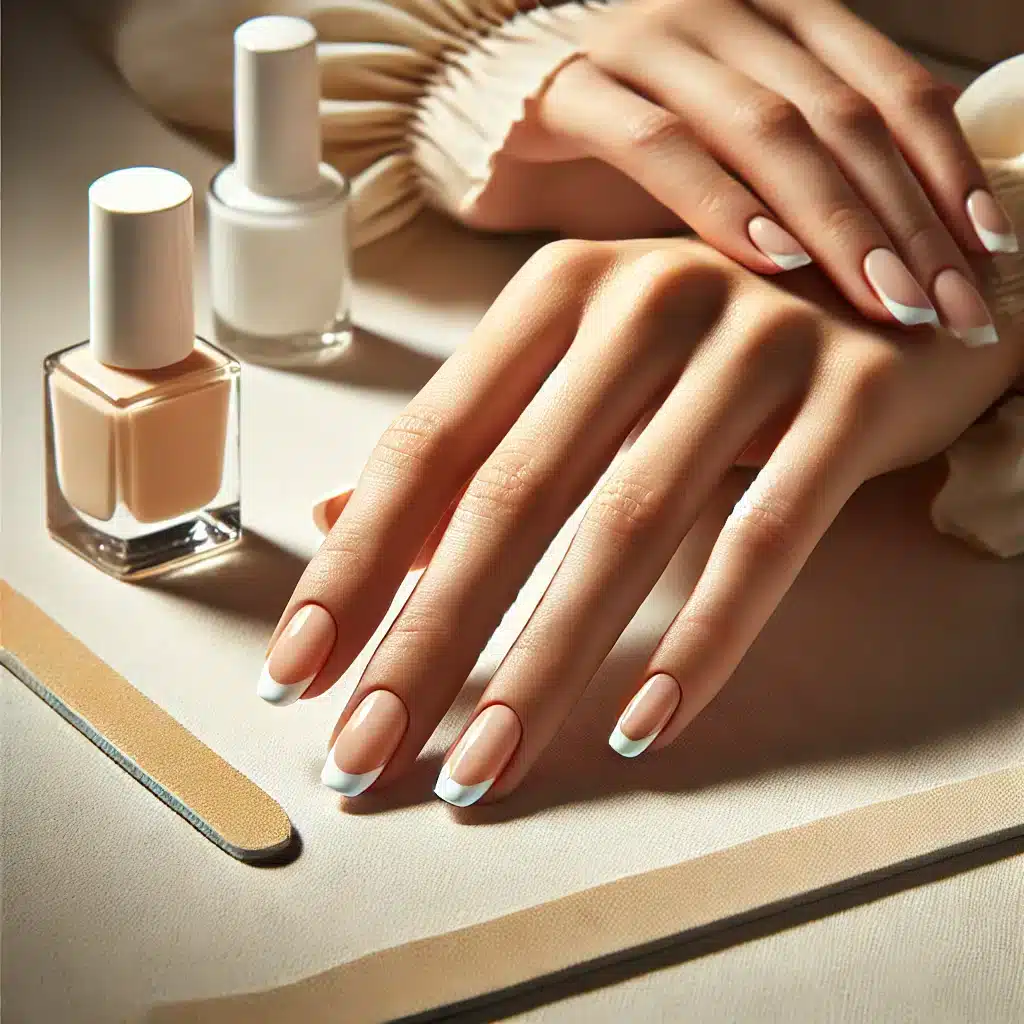 Main avec french manucure classique, ongles nude avec pointe blanche, posée sur une surface douce avec outils de manucure à proximité.